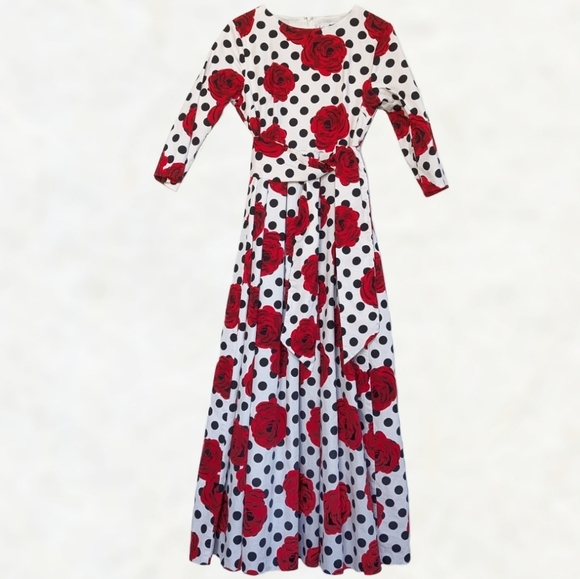 Dainty Jewells Floral Polka Dot Maxi Dress ¾ Sleeve Full Skirt Red Black White S - Picture 3 of 16